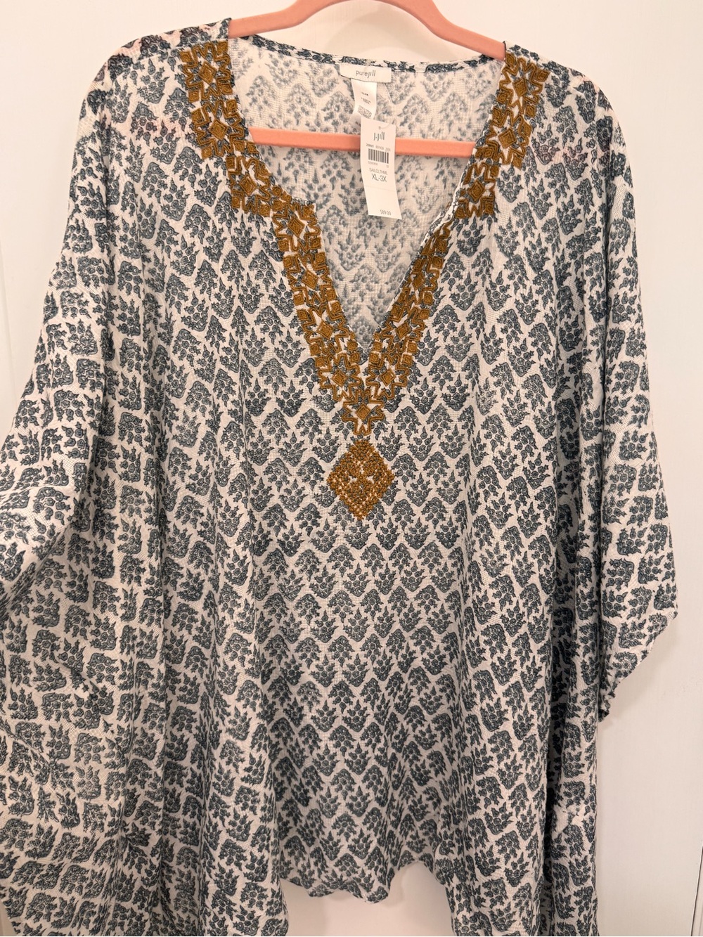 Embroidered V-Neck Boho Pullover Poncho Top - White & Blue Gray with Gold Detail